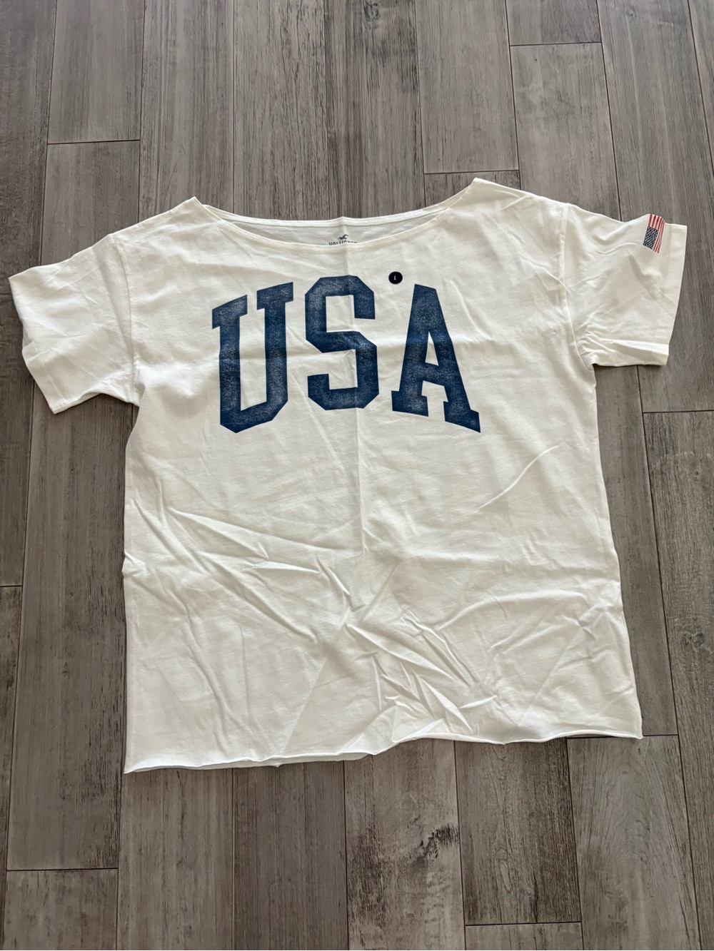 Hollister White off shoulder Tee with Navy Graphic